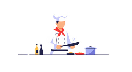 Professional male chef character in a traditional white uniform cooking a gourmet dish in a restaurant kitchen, flat vector illustration