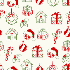 Whimsical Christmas seamless pattern. Hand drawn holiday icons of gifts, candy canes, Santa hat, wreath, holly, ornaments, and gingerbread house. Vector illustration for wrapping paper, fabrics, print