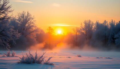 Obraz premium Winter sunrise over a snowy landscape with fog and frost-covered trees.