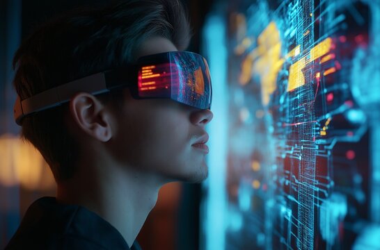 A young man with AR goggles engages with a digital display, fully immersed in tech