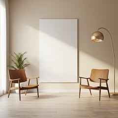 Minimalist Living Room with Two Wooden Chairs and Blank Canvas