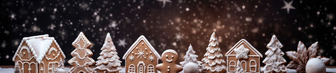 Decorated Gingerbread House with Sugar Glaze Surrounded by Fir Trees — Merry Christmas