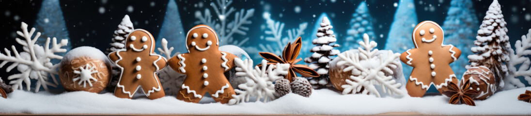 Decorated Gingerbread House with Sugar Glaze Surrounded by Fir Trees — Merry Christmas