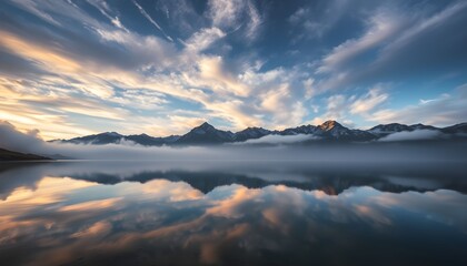Sunrise over a serene mountain lake, with dramatic clouds reflected in the still water.