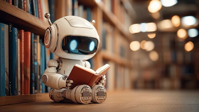 Humanoid robot reading book on wooden table in cozy library setting with warm lighting