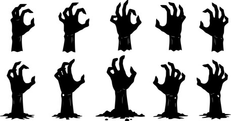 Set of Zombie hands black silhouette. A zombie hand crawls out of the ground. Scary hands suitable for Halloween. Vector illustration isolated on white background.