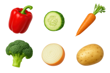 High-resolution vegetable clipart set with bell pepper, cucumber slice, carrot, broccoli, onion, and potato, isolated on transparent background.