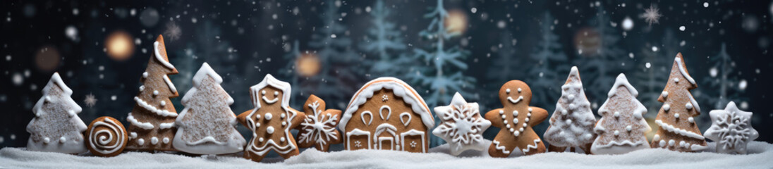 Decorated Gingerbread House with Sugar Glaze Surrounded by Fir Trees — Merry Christmas