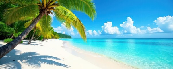 Azure water laps white sand, palm trees sway gently , clear, travel