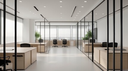 Modern Office Interior with Glass Partitions and Minimalist Furniture