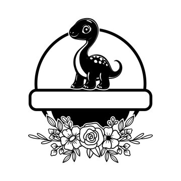 Baby Dinosaur Vector, Cute Dinosaur with Flower Svg Cut File