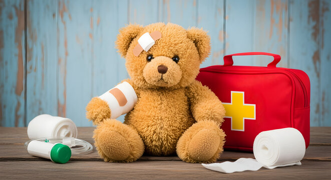 Injured Brown Teddy Bear with Bandages First Aid Kit on Wooden Background