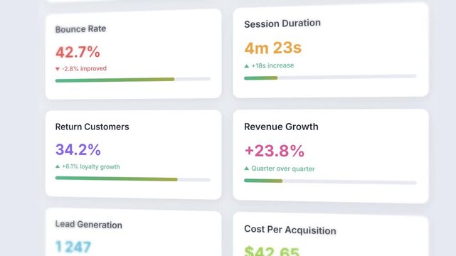 Business customer metrics tracking interface with KPI indicators and performance data visualization dashboard
