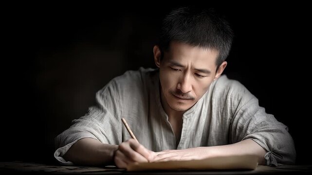 A man writing in dim light with a focused expression