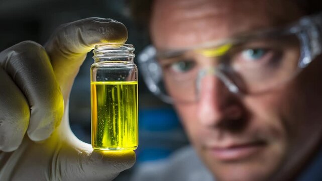 a scientist wearing protective eyeglasses holding a small bottle of yellow substance  showing to camera