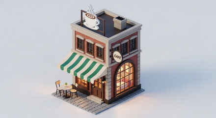 Isometric cafe building, a charming 3d model with a coffee cup sign, striped awning, and cozy outdoor seating, creating a welcoming scene