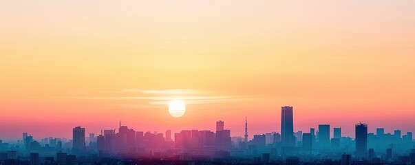 Fototapeta premium Sunrise over modern city skyline in silhouette with pastel gradient sky