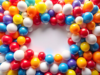 Obraz premium A vibrant frame of colorful balloons arranged around a central white space backdrop view
