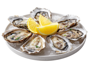 Side View of White Plate with Oysters on Ice and Lemon Slices on Transparent Background