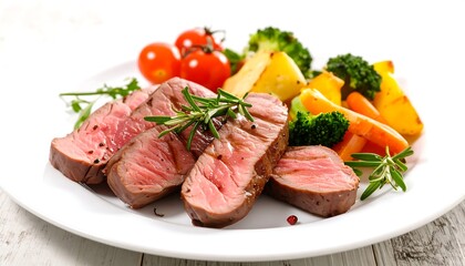 Slices of grilled meat served with roasted vegetables