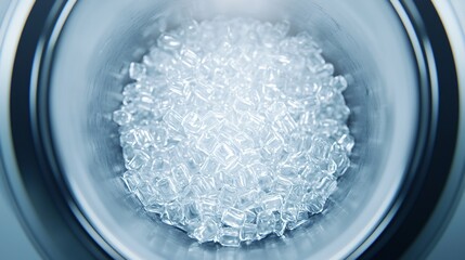 processed plastic pellets entering reactor chamber for Aviation Fuel from Waste Plastic Conversion with stainless steel textures and condensation detail. 