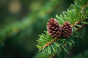 Closed lodgepole pine cones on branch, green needles , pine, photography