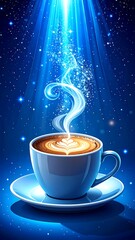 A stylized coffee cup with a magical glow