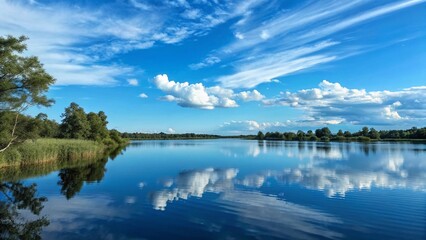 Obraz premium Tranquil Lake with Perfect Cloud Reflection Vibrant Blue Sky Over a Calm and Still Lake Peaceful Summer Landscape with a Still Lake Idyllic Lakeshore with Lush Greenery