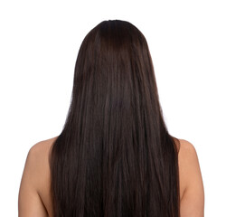 Woman with damaged hair before lamination procedure on white background, back view