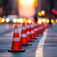 Row of orange traffic cones on city street at sunset with bokeh lights