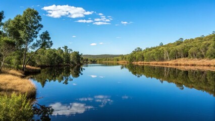 Tranquil Lake with Perfect Cloud Reflection
Vibrant Blue Sky Over a Calm and Still Lake
Peaceful Summer Landscape with a Still Lake
Idyllic Lakeshore with Lush Greenery