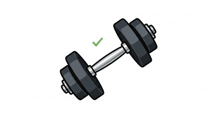 Dumbbell, representing fitness, exercise, and strength training, with a simple design and a checkmark indicating approval or completion