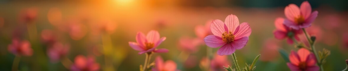 Fototapeta premium Close-up of dew-kissed wildflowers at sunrise , flora, petals