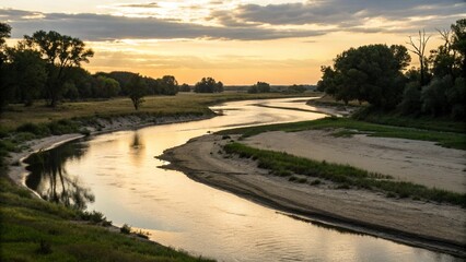 Fototapeta premium Winding River at Dusk with Sandbanks Calm River Flowing Through Sandbanks at Sunset Meandering River Landscape at Twilight Peaceful River Scene with Soft Evening Light