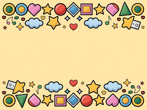 Playful and colorful frame featuring assorted geometric shapes, hearts, stars, clouds, and musical notes, creating a cheerful and whimsical border for childrens designs and creative projects
