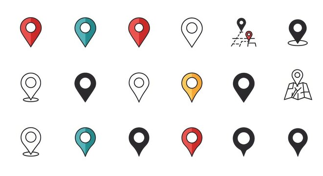 Flat Icon Set of Location and Map Pins ,GPS Navigation Markers Vector Collection