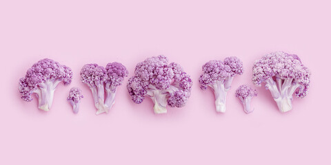 Set Purple cauliflower florets on pastel pink, banner. Row of Different pieces of cabbage vegetable healthy organic food. Minimal flat lay composition for modern design, healthy lifestyle, food photo
