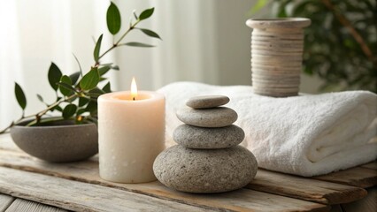 Minimal Spa Composition with Candle and Stacked Stones
Serene Wellness Scene with a Lit Candle
Tranquil Still Life of a Spa and Relaxation
Peaceful Bathroom Decor with Natural Elements