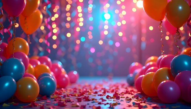 Colorful Party Celebration Background with Balloons Confetti and Bokeh Lights - Powered by Adobe