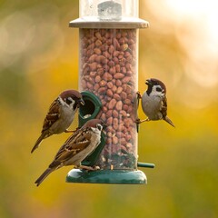Sparrows at a peanut feeder