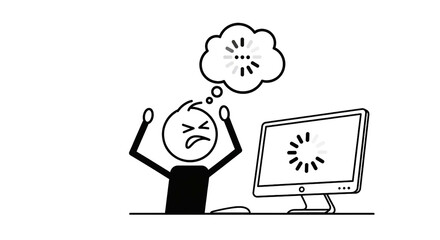 Frustrated stick figure with computer loading screen. Slow internet or technical problem causing anger and impatience. Waiting for data processing.