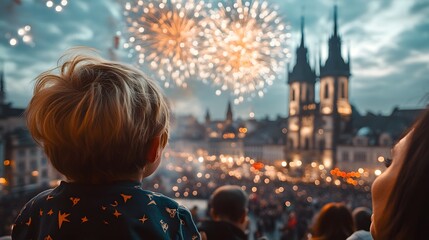 Colorful fireworks display over a historic city skyline