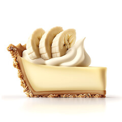 Slice of banana cream pie with whipped cream and banana slices on top