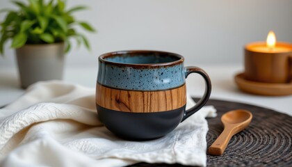 Blue ceramic mug with wooden accent sits on cloth next to spoon and lit candle
