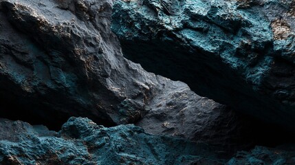 Rock formation with cave opening; rough texture, grey and teal hues
