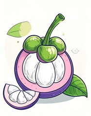 A stylized illustration of a mangosteen fruit