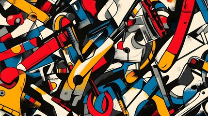 Vibrant Geometric Abstract Art Composition with Overlapping Shapes and Patterns