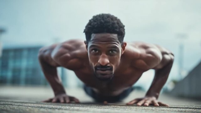 Push-up in Fitness: A determined individual engages in a rigorous push-up, their muscular physique glistening with focused intensity.