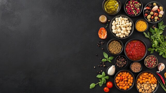Food ingredients overhead on dark background