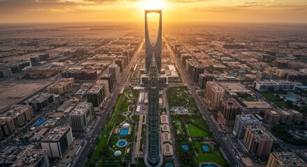 Drone aerial of Riyadh city with Kingdom Tower and green decorations